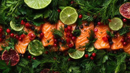 A beautifully arranged bed of sliced salmon garnished with fresh parsley, lime slices, and vibrant berries. Perfect for a healthy meal presentation.の素材