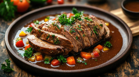 A beautifully presented roast sliced perfectly, garnished with fresh herbs and served with colorful vegetables in a rich sauce on a brown ceramic plate.の素材