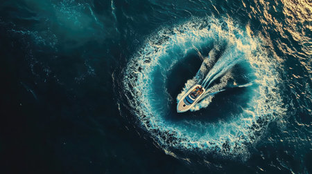 Captivating aerial view of a motorboat slicing through the vibrant blue waters, creating splashes and wakes, embodying the spirit of summer adventures.の素材