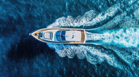 Stunning aerial shot of a powerboat gliding effortlessly through the blue waters, showcasing vibrant waves and an idyllic landscape perfect for travel and recreation.の素材