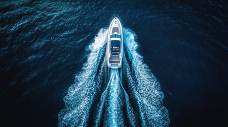 Stunning aerial view of a motorboat slicing through deep blue water, creating dynamic waves and foam. Perfect for conveying adventure and speed.の素材
