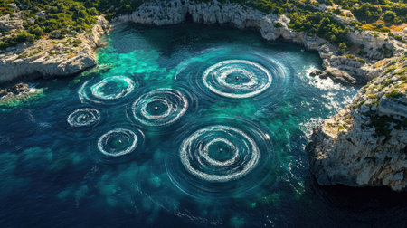 Stunning aerial view showcasing a motorboat creating stunning circular patterns in clear blue waters, revealing the beauty of nature and adventure on a sunny day.の素材