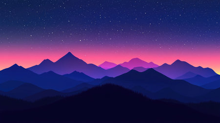 Discover a stunning artistic representation of a colorful night sky over majestic mountains, featuring a serene blend of vibrant colors and twinkling stars. Perfect for backgrounds or prints.の素材