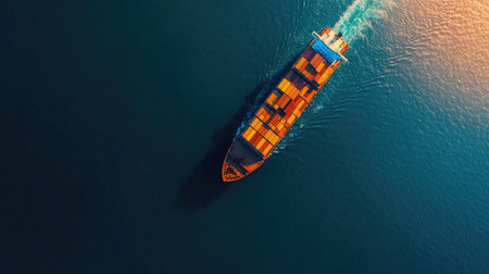 A stunning aerial view features a cargo ship navigating through tranquil waters, showcasing the vastness of maritime transport and shipping logistics.の素材