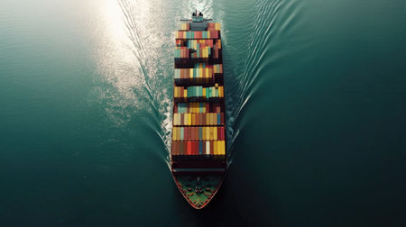 An impressive aerial view captures a massive container ship sailing through calm waters, showcasing vibrant cargo colors and intricate patterns. Ideal for maritime themes.の素材