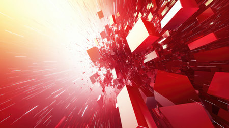 Explore a vibrant abstract background featuring dynamic red cubes in motion, creating a captivating sense of energy and modern design aesthetics.の素材