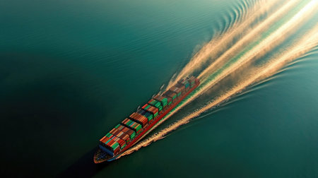 A stunning aerial view captures a container ship navigating through serene waters, showcasing the vibrant hue of the sea and the movement of commerce.の素材