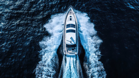 Explore the dynamic aerial view of a motorboat cutting through the waves. This stunning imagery captures the essence of aquatic adventure and luxury.の素材