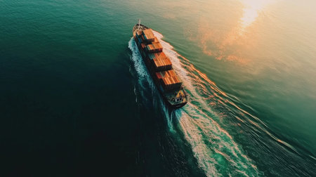 Experience the dynamic beauty of a container ship navigating through tranquil waters in this stunning aerial view, perfect for maritime and transport themes.の素材