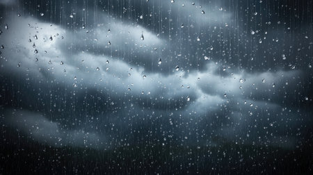 Experience the beauty of raindrops cascading during a storm, capturing the tranquility and dynamic nature of a rainy day filled with gray clouds.の素材