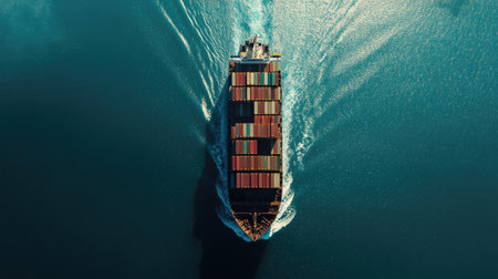 High-angle aerial view of a cargo ship loaded with colorful containers sailing through calm waters, representing maritime logistics and global trade routes.の素材