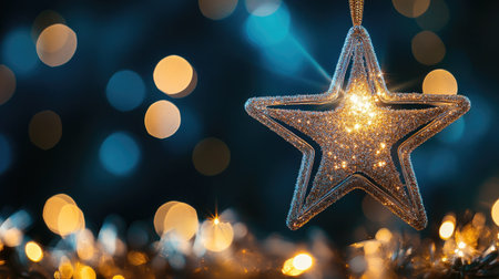 This stunning image features a shimmering star ornament glistening in sunlight, surrounded by sparkles and a vibrant background, perfect for a festive mood.の素材