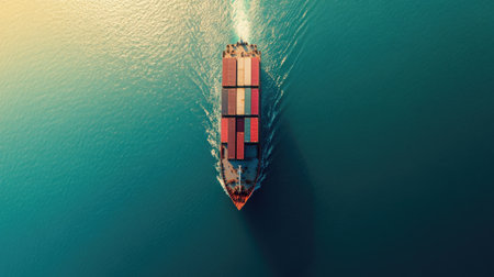 Captivating aerial view of a cargo ship loaded with containers, navigating through tranquil ocean waters. Ideal for maritime logistics and transport themes.の素材