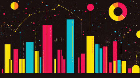Bright and colorful abstract data visualization background featuring bars and shapes. Ideal for business presentations, infographics, and modern design projects.の素材