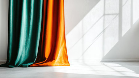 Vibrant orange and green drapes create a stunning visual contrast, illuminated by streaming sunlight, enhancing the serene ambiance of the interior space.の素材