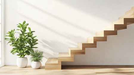 Discover a modern wooden staircase in a bright interior, complemented by lush green plants. This design creates a fresh and inviting atmosphere.の素材