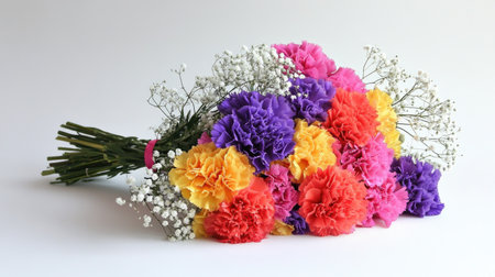 A stunning arrangement of vibrant carnations in various colors, complemented by delicate gypsophila. Perfect for celebrations, gifts, or brightening up any space.の素材