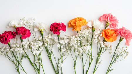 This vibrant bouquet features colorful carnations in rich shades, beautifully arranged with delicate filler flowers, perfect for adding joy to any occasion or space.の素材