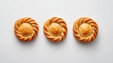 Delight in these three golden brown empanadas with beautifully braided crusts. A perfect savory snack for any occasion, showcasing culinary craftsmanship.の素材