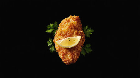 A beautifully presented crispy breaded cutlet garnished with a lemon wedge and fresh parsley, set against a black background for a stunning visual appeal.の素材