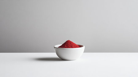 A pristine white bowl filled with vibrant red powder sits on a minimalistic surface, ideal for culinary photography and kitchen design inspiration.の素材