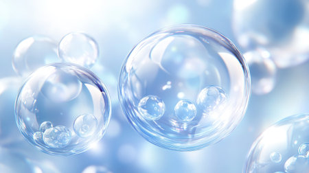 This soft abstract background features transparent bubbles floating against a serene blue backdrop, creating a calm and stylish atmosphere perfect for various design needs.の素材
