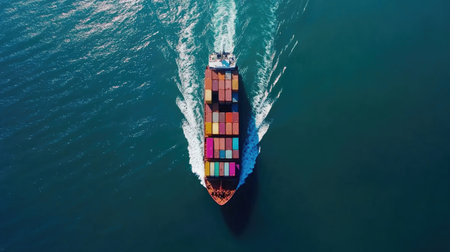 A vibrant aerial shot of a container vessel navigating through ocean waters, showcasing the intricate layout and colorful containers atop the ship.の素材