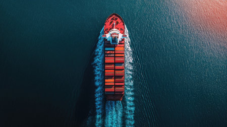 This aerial shot captures a cargo ship moving swiftly through calm waters, showcasing its colorful containers and dynamic transport capabilities.の素材