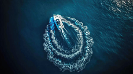 An aerial view captures a motorboat creating a stunning circular pattern in the calm waters, showcasing a unique perspective of recreational adventure and nature's beauty.の素材