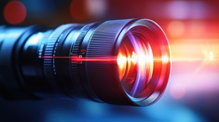 This image showcases a realistic camera lens emitting vibrant light effects, perfect for photography enthusiasts. Ideal for technology and visual art projects.の素材