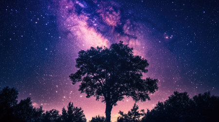 Experience the breathtaking beauty of a night sky filled with stars and the Milky Way, highlighted by the silhouette of a solitary tree in a tranquil landscape.の素材
