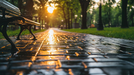 A close view of a wet path in a serene park, illuminated by warm sunlight. The glistening pavement and lush green surroundings create a tranquil atmosphere.の素材