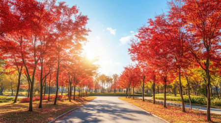 A stunning autumn scene featuring a serene road surrounded by vibrant trees. The sunlight filters through colorful foliage, creating a tranquil atmosphere.の素材