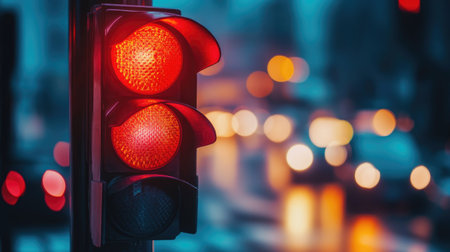 A close-up of a red traffic signal amidst a blurred cityscape. The bright light stands out, emphasizing the theme of safety and urban transportation. Perfect for traffic-related projects.の素材