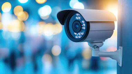 A sharp close-up of a modern closed circuit camera, showcasing its design and technology. Ideal for concepts related to security and surveillance systems.の素材