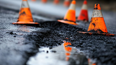 A close-up view of a worker applying fresh asphalt with orange cones nearby. The scene captures the detail of the process in a construction environment.の素材