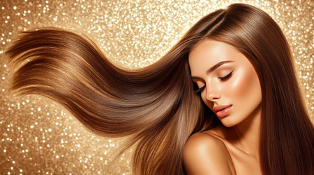 Portrait of an elegant woman with long, styled hair, set against a sparkling golden background. The image radiates beauty and sophistication, perfect for fashion and beauty themes.の素材