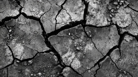 A detailed close-up shot showcasing intricate cracked surface patterns in dry earth. This monochrome image highlights the texture and structure of natural erosion.の素材
