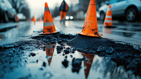 A close-up view of a worker applying fresh asphalt at a roadwork site, showcasing essential safety cones and wet conditions, emphasizing construction efforts.の素材