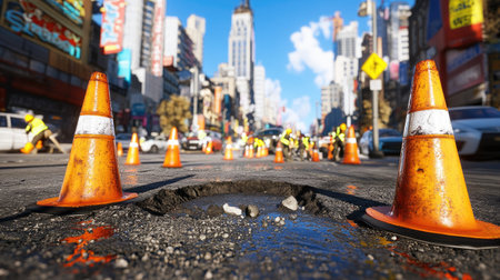 A vibrant city scene showcasing road work with traffic cones. Workers are engaged in repairs on the street, highlighting urban activity and infrastructure maintenance.の素材