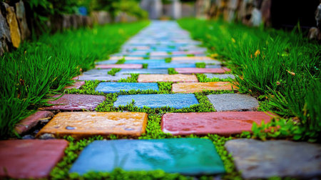 A charming pedestrian walkway featuring colorful stones surrounded by lush grass, inviting tranquility and beauty. This vibrant scene offers a serene escape into nature.の素材