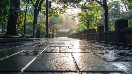 A captivating wet pathway leads through lush greenery, illuminated by soft morning light. This serene scene evokes a sense of peace and tranquility in nature.の素材