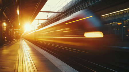 A captivating image of a high-speed train captured in motion during sunset, showcasing energy and urban life at a busy station.の素材