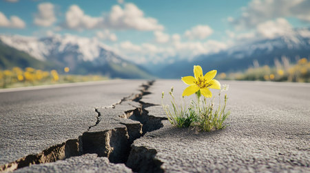 A stunning view of a cracked asphalt road featuring a vibrant yellow flower emerging from the fissures, set against a breathtaking mountain landscape.の素材