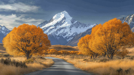 A breathtaking view featuring a winding road flanked by vibrant autumn trees and majestic snow-capped mountains under a dramatic sky. Perfect for nature lovers.の素材