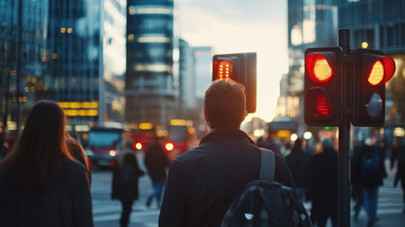 A vibrant urban scene in Frankfurt showcasing red traffic lights at sunset. Pedestrians navigate the crosswalk amidst a bustling city environment.の素材