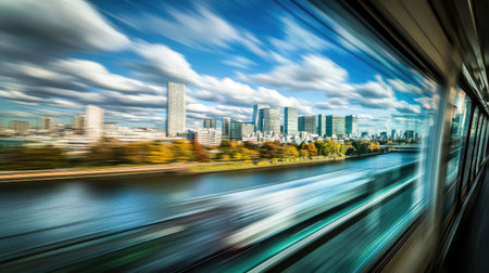 A captivating view of a bustling city skyline with a motion blur effect, showcasing an urban landscape through a train window on a bright day.の素材