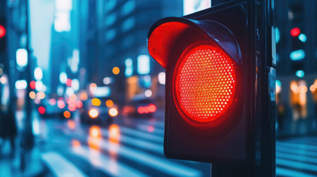 A striking image of a red traffic signal illuminated against a bustling urban backdrop, highlighting city life and the importance of road safety in night scenes.の素材