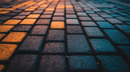 A captivating close-up view of a brick block floor showcasing intricate patterns and textures, enhanced by warm and cool lighting, perfect for artistic backgrounds.の素材