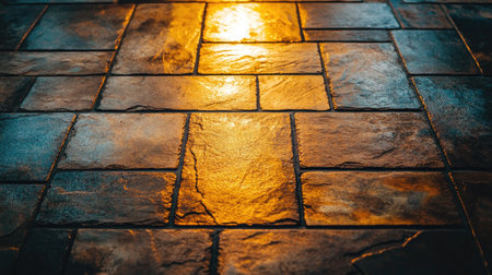 A close-up view of a textured old brick and cobblestone surface. The warm light and reflections create an inviting vintage feel, ideal for backgrounds.の素材
